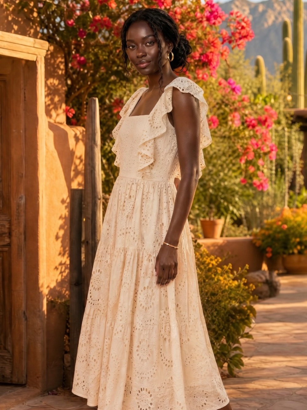Flying Tomato Beige Cotton Eyelet Midi Dress | Open Back Ruffle Dress - Picture 3 of 5